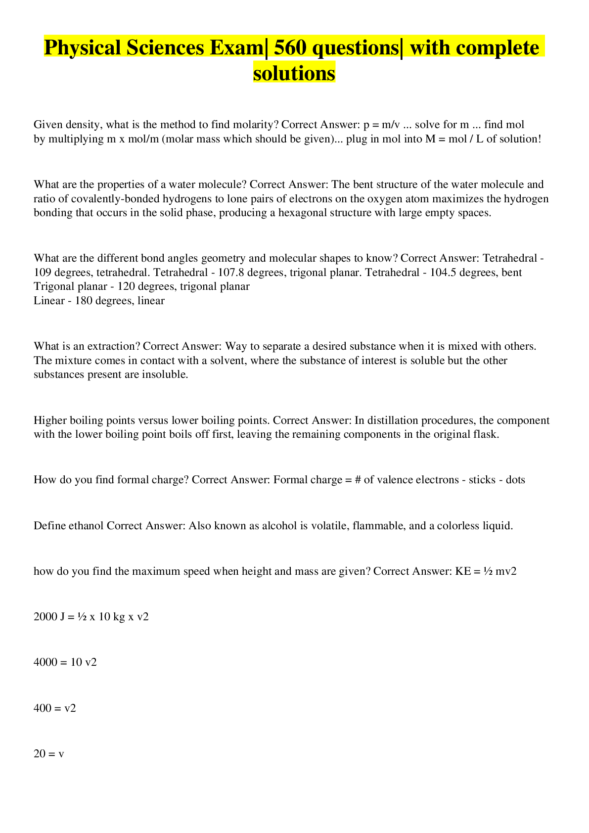 Preview image for Physical Sciences Exam| 560 questions| with complete solutions